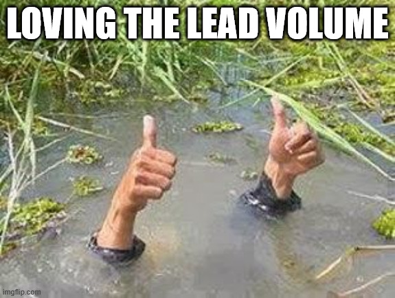 A meme of an individual underwater with only 2 hands protruding giving a thumbs up sign. The individual is a cybersecurity marketer drowning in leads. The caption reads,
